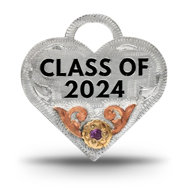 Make your graduation even more special with the Heart Tassel Charm. Crafted on a heart-shaped, hand-engraved German Silver base, it features copper scrolls, a 3D flower, and cubic zirconia accents. Customize it with your name, graduation year, class, embl